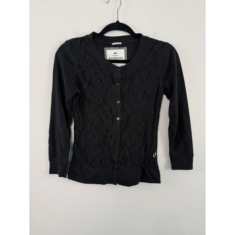 Vintage Poof Excellence Medium Black Lace Front Cardigan Y2K Goth Coquette